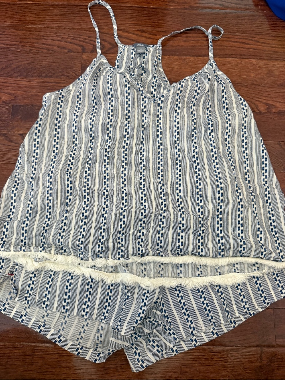 aerie Blue and Cream Striped Fringe-Hem Cami